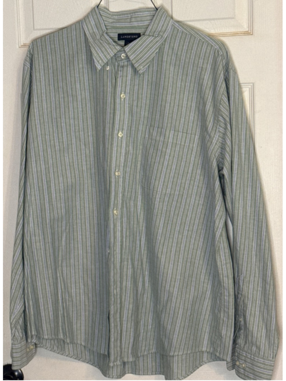 Lands' End Casual Button Down Shirt XL Green Blue Striped